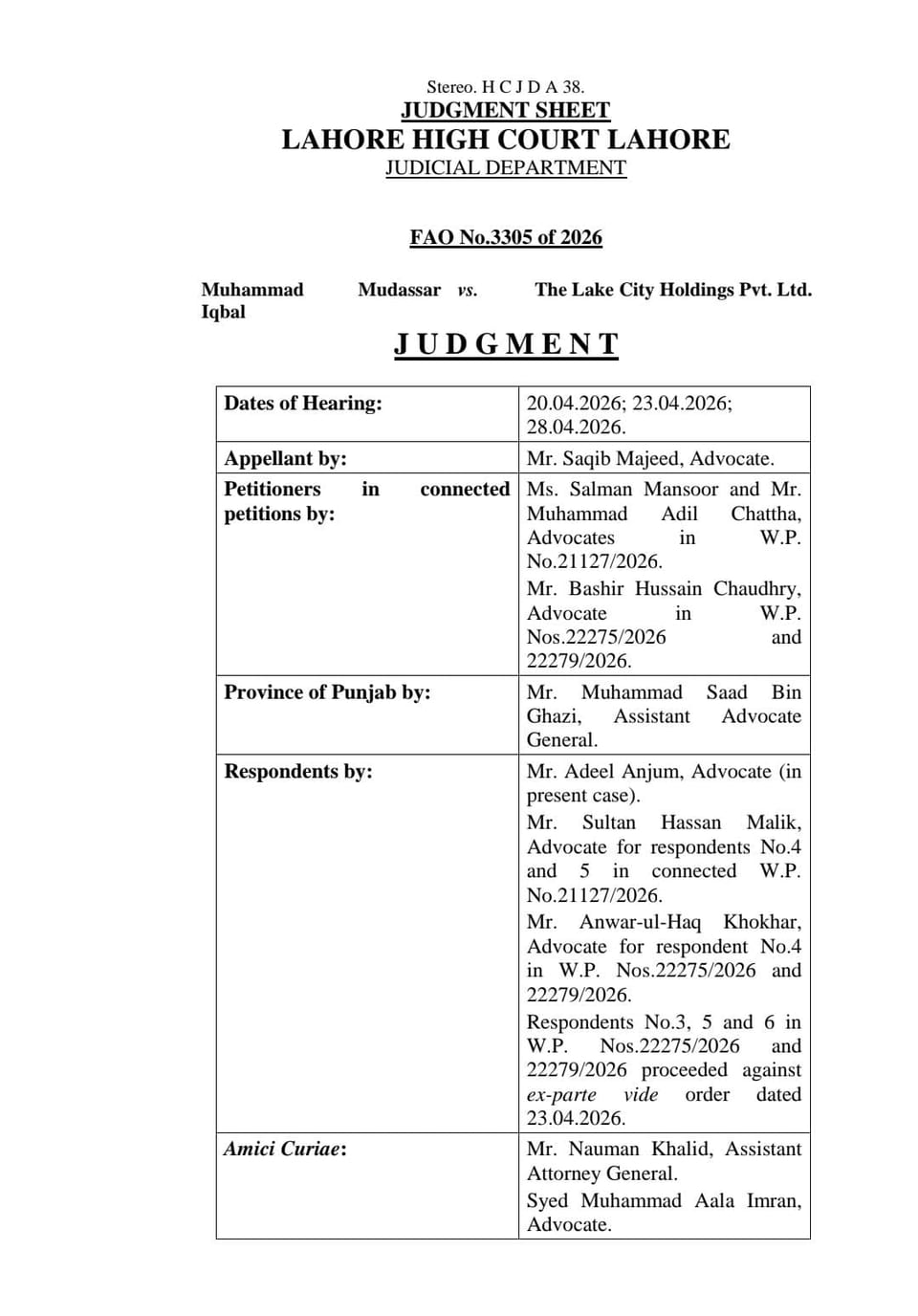 Lahore High Court judgment sheet in FAO No. 3305 of 2026 naming Syed Muhammad Aala Imran, Advocate, as amicus curiae
