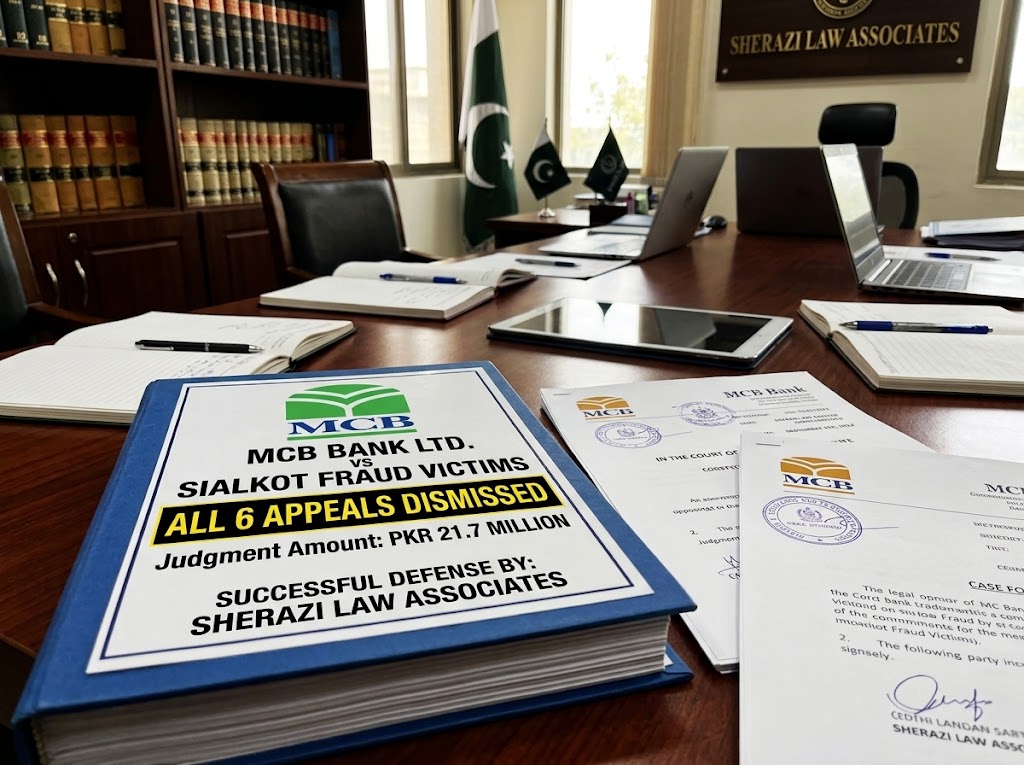 Case file at Sherazi Law Associates titled MCB Bank Ltd. vs Sialkot Fraud Victims — all 6 appeals dismissed, judgment amount PKR 21.7 million