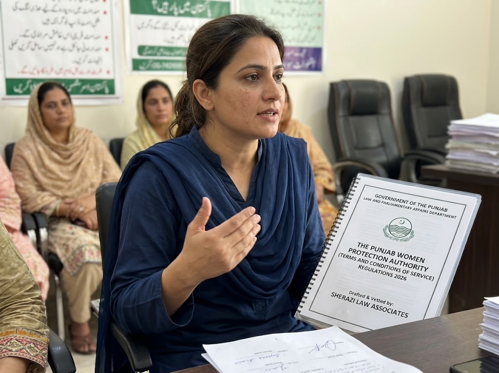 The Punjab Women Protection Authority (Terms and Conditions of Service) Regulations 2026, drafted and vetted by Sherazi Law Associates, presented at a meeting